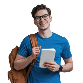 Smiling student with glasses and backpack holds a book isolated on transparent background png