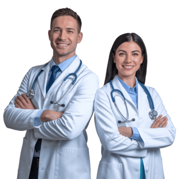 Confident medical professionals, a male and female doctor, stand together with arms crossed isolated on transparent background png
