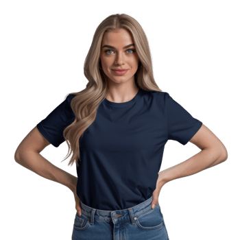 A young woman smiles, wearing a navy blue t-shirt with light blue jeans isolated on transparent background png