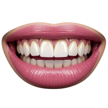 Close-up of lips painted with shiny pink lipstick, revealing perfectly aligned, bright white teeth isolated on transparent background png