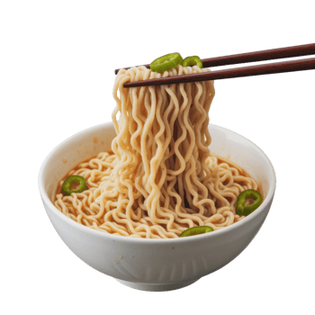 A bowl of savory noodles topped with vibrant green peppers, lifted with chopsticks isolated on transparent background png