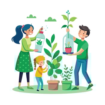 Family Working Together to Construct Recycled Bottle Planters for a Fun Project vector