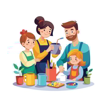 Family Designing and Painting Personalized Mugs for a Fun and Creative Activity vector