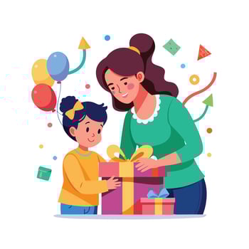 Mother and Child Wrapping a Gift with Bright Ribbons and Bows with Fun and Creativity vector