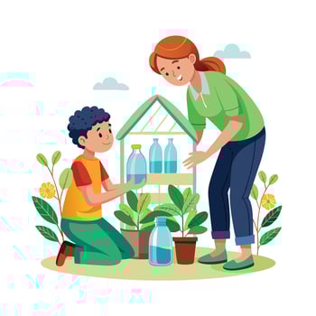Mother and Son Building a Mini Greenhouse with Plants and Creativity vector