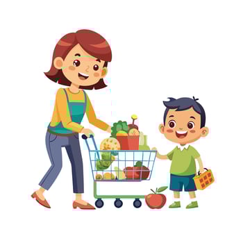 Mother and Son Playing Make-Believe Supermarket with Fun and Imagination vector