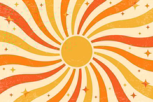 Retro sun background with pattern of groovy rays. Sunburst abstract poster with wavy psychedelic design. Vintage summer textured radial beams. Circular hypnotic vortex vector