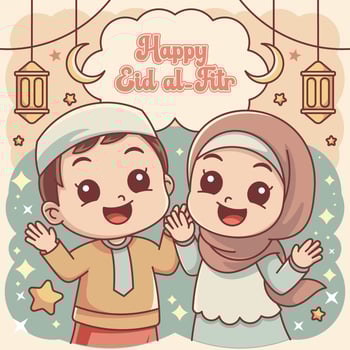 Cute Eid al-Fitr Celebration with Happy Muslim Kids Cartoon Style vector
