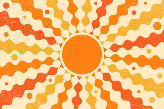 Groovy sun with swirl rays. Retro spiral beams pattern. Abstract 70s vintage poster. Summer radial wavy stripes. Orange and yellow textured sunburst wallpaper. vector