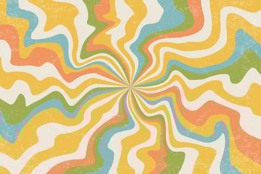Retro sunrays background with groovy texture. Summer abstract poster. Psychedelic wavy radial beams. Vintage spiral 60s stripes. 60s modern rainbow design vector