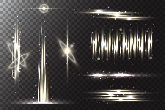 Light flare of glowing stars. Shiny lines of flash with glitter and white light. Sparkles glare with golden beams Abstract shiny realistic explosion blur. vector