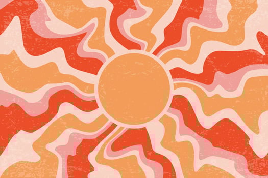 Sunburst retro background with radial pattern of radial wavy rays. Vintage abstract summer poster. Psychedelic orange striped beams. Groovy modern design vector