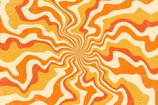 Retro sun background with pattern of groovy rays. Sunburst abstract poster with wavy psychedelic design. Vintage summer textured radial beams. Circular hypnotic vortex. vector
