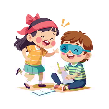 Siblings Playing a Blindfolded Drawing Challenge with Fun and Laughter vector