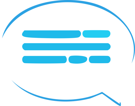 A white speech bubble with a blue outline and stylized blue text lines png