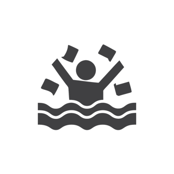 a person struggling in water, overwhelmed by the chaos of documents and messages symbolizing failure, loss, and anxiety png