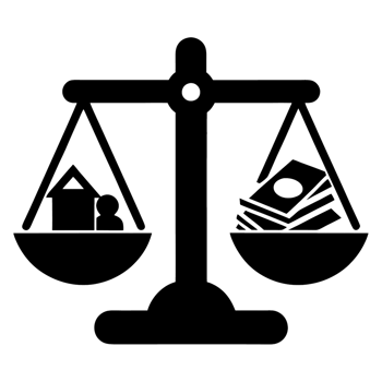 Symbolic representation of a balance scale with money on one side and a home on the other, illustrating the conflict between material wealth and personal life png