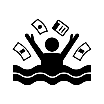 An abstract figure in the water, drowning amidst a flood of money and documents, symbolizing overwhelming financial and work pressures png