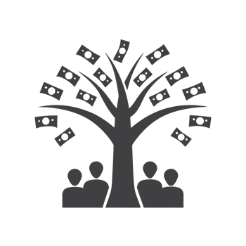 An enormous tree with sprawling branches releasing dollar bills, representing a strong connection between nature, wealth, and human growth png