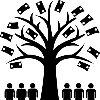A large ancient tree with branches that spread wide, surrounded by people beneath it, symbolizing growth, prosperity, and abundance in nature png