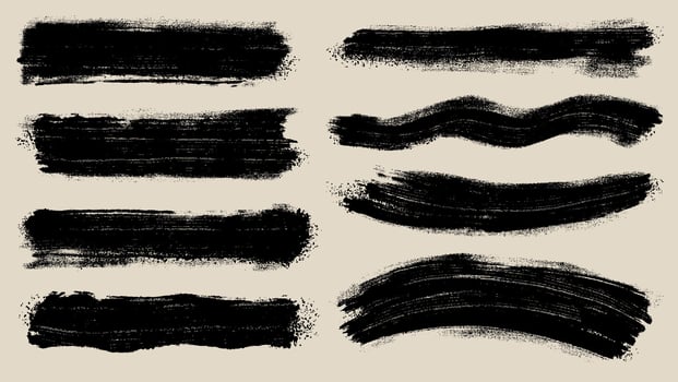Art Black Paint Brush Stroke, Ink Splatter Set. Hand Drawn Grunge Line, Artistic Design. Bold Brush Drawn Dirty Overlay, Watercolor Splash, Silhouette On Art Canvas. Social Media Business Banner. vector