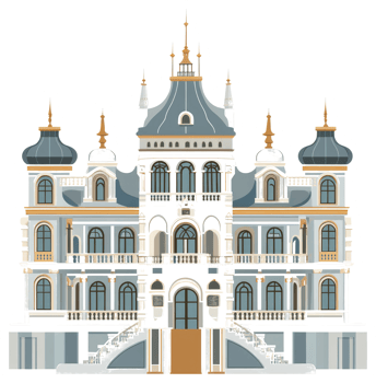 A detailed illustration of a large ornate building facade with towers png