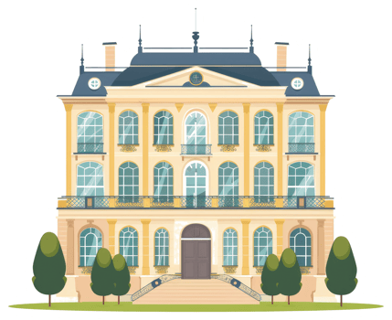 A grand classic building facade with multiple windows and a dark roof png