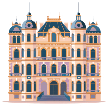 A grand multi story building designed with intricate architectural details png