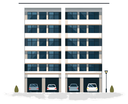 A multi story apartment building features several parked automobiles in garages png