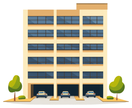 An apartment building with multiple levels and car parking garages png