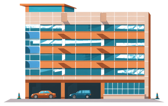 A modern building with several windows and vehicle parking bays png