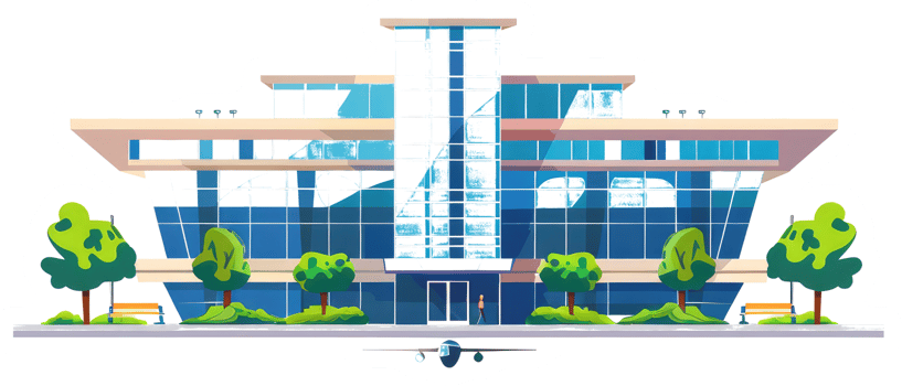 Modern building with a glass facade and landscaped greenery surrounding it png