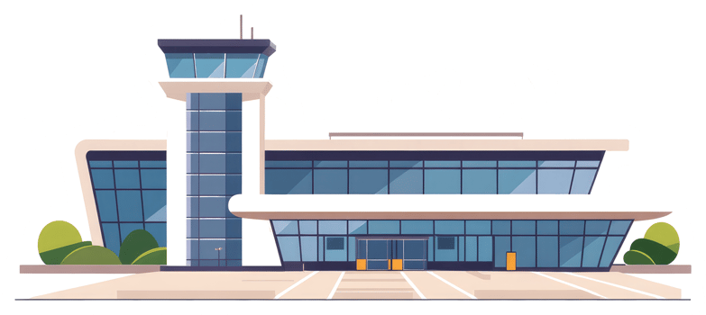 An illustrated modern airport terminal building with a control tower png