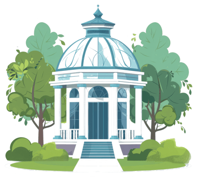 Illustration depicting a stylized white pavilion surrounded by greenery and trees png
