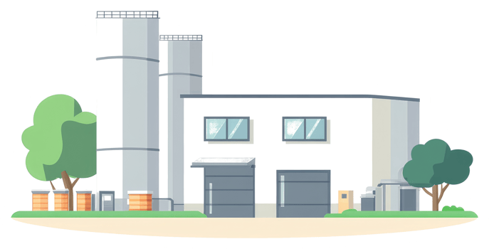 A white industrial factory building with tall cylindrical towers png