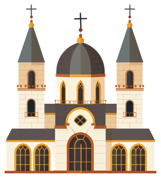 A stylized illustration of a church building with multiple towers png