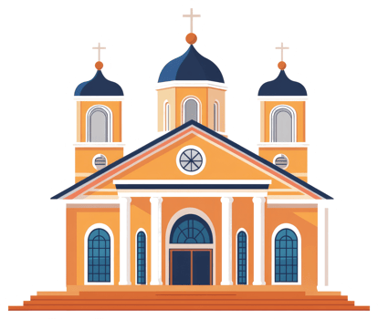 A colorful illustration of a church building with cross symbols png