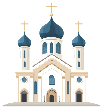 An illustrated church building with blue domes and golden crosses png