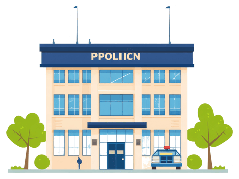 An illustrated police station with a car and trees outside png