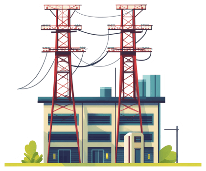 Cartoon illustration showing power station building and electrical transmission towers png