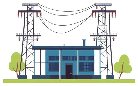 A graphic depiction of an electrical power substation and towers png