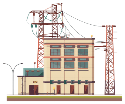 A cartoon illustration depicts an electric power substation building png