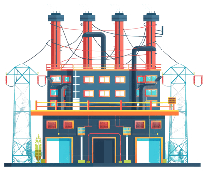 Industrial factory building with chimneys generating power and energy png
