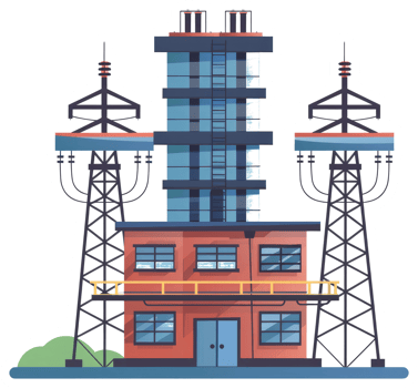 A large industrial building with tall electrical transmission towers png
