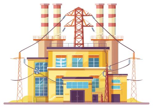 A large factory with smokestacks and power infrastructure systems png
