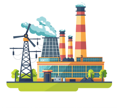 A colorful illustration of a factory generating power and smoke png