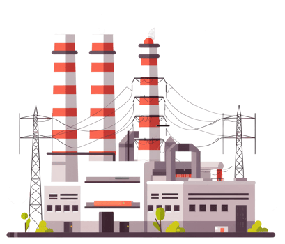 A flat illustration of a power plant generating electricity to cities png