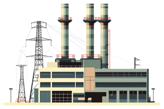 A stylized image of a power plant with tall smoke stacks png