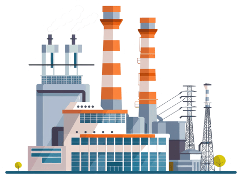 An industrial plant with multiple tall chimneys and cooling towers png
