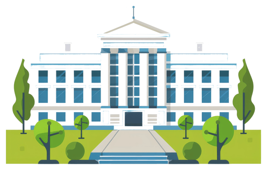 A stylized illustration depicts a government building with trees png